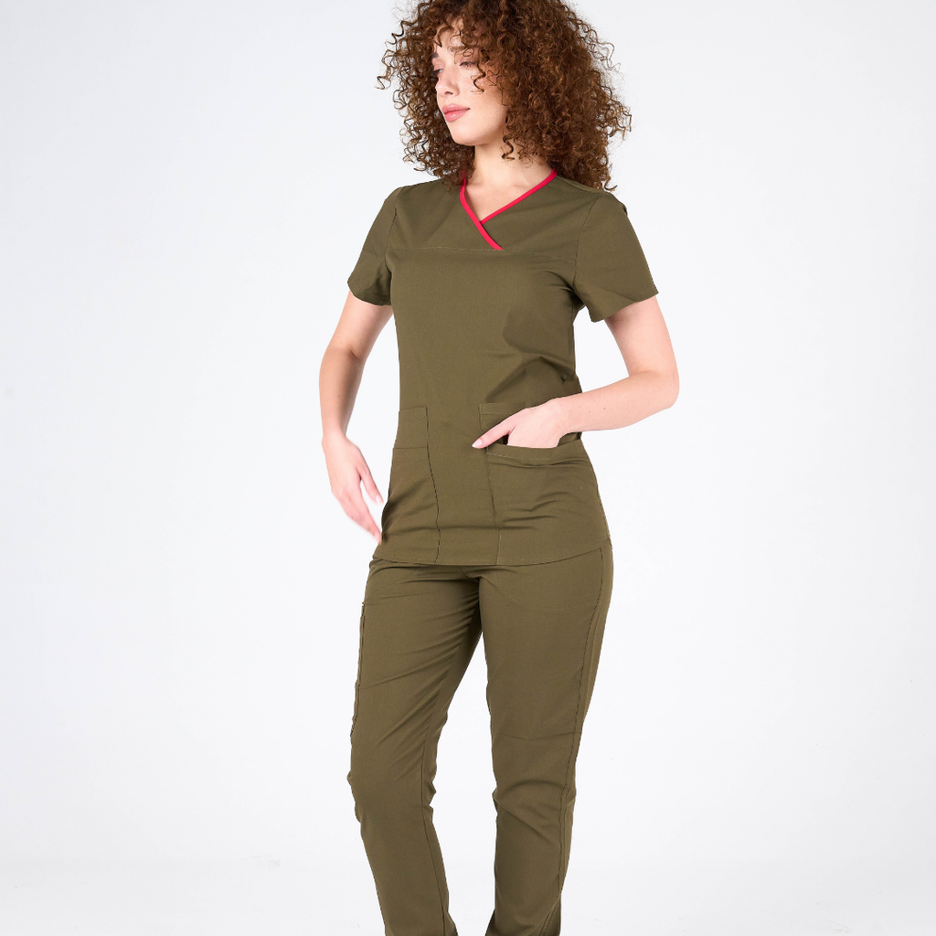 Label Haki Doktor Hemşire Medikal Cerrahi Takım Üniforma Scrubs -Lüx Likralı