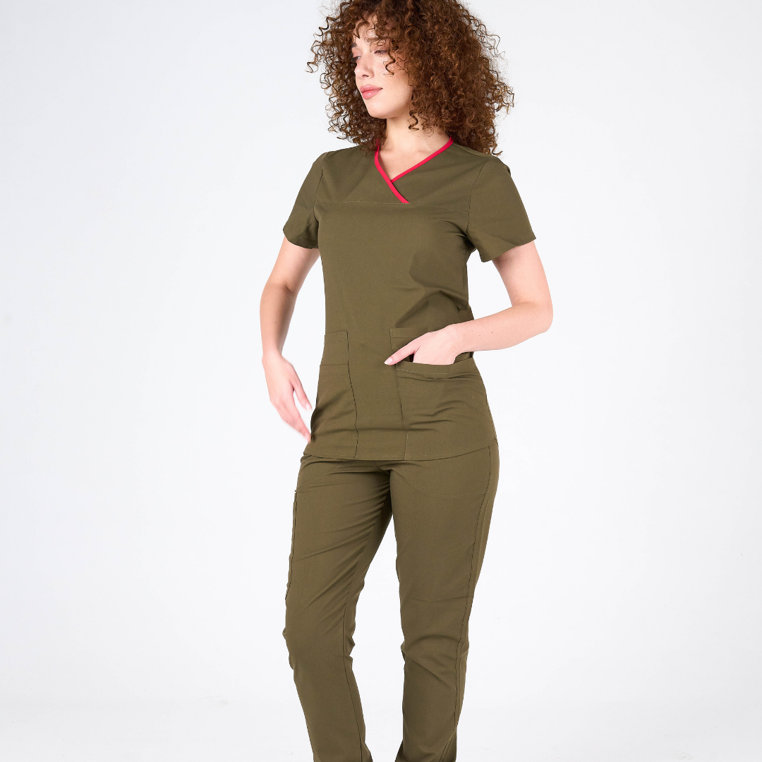 Label Haki Doktor Hemşire Medikal Cerrahi Takım Üniforma Scrubs -Lüx Likralı