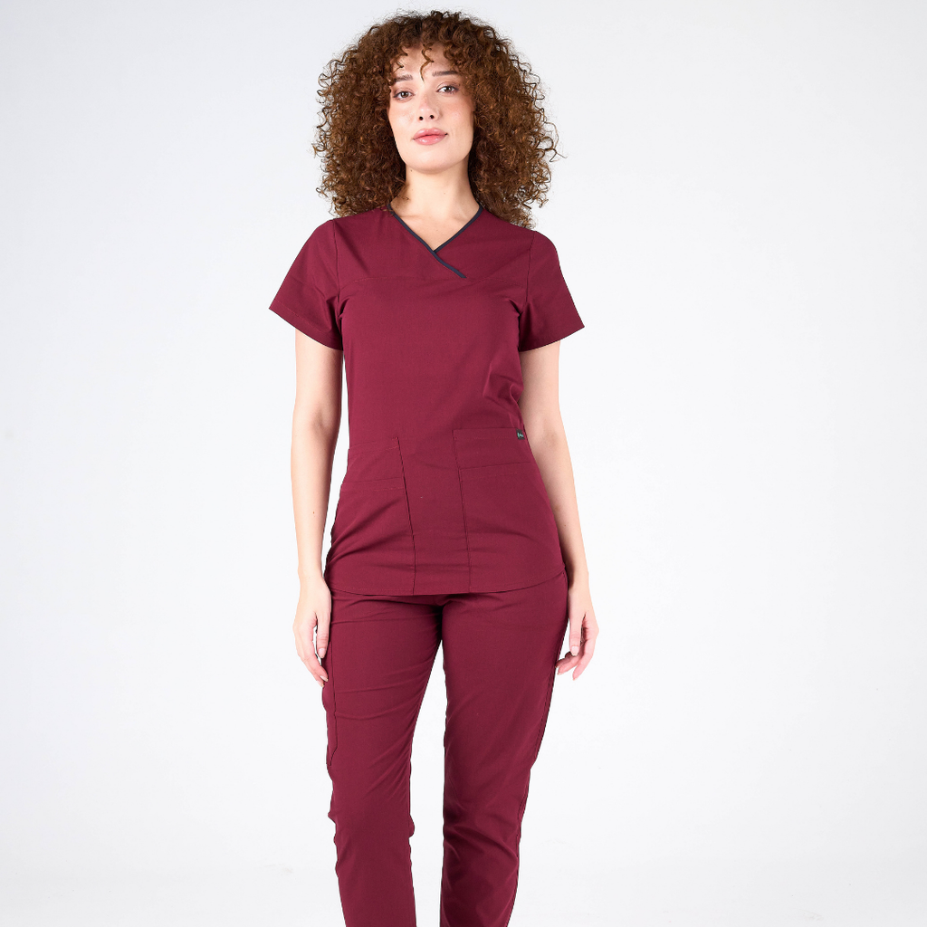 Cabrio Label Koyu Mor Doktor Hemşire Medikal Cerrahi Takım Üniforma Scrubs -Lüx Likralı