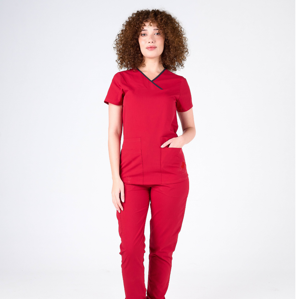 Label Kırmızı Doktor Hemşire Medikal Cerrahi Takım Üniforma Scrubs -Lüx Likralı