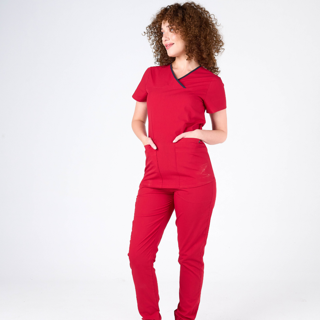 Label Kırmızı Doktor Hemşire Medikal Cerrahi Takım Üniforma Scrubs -Lüx Likralı