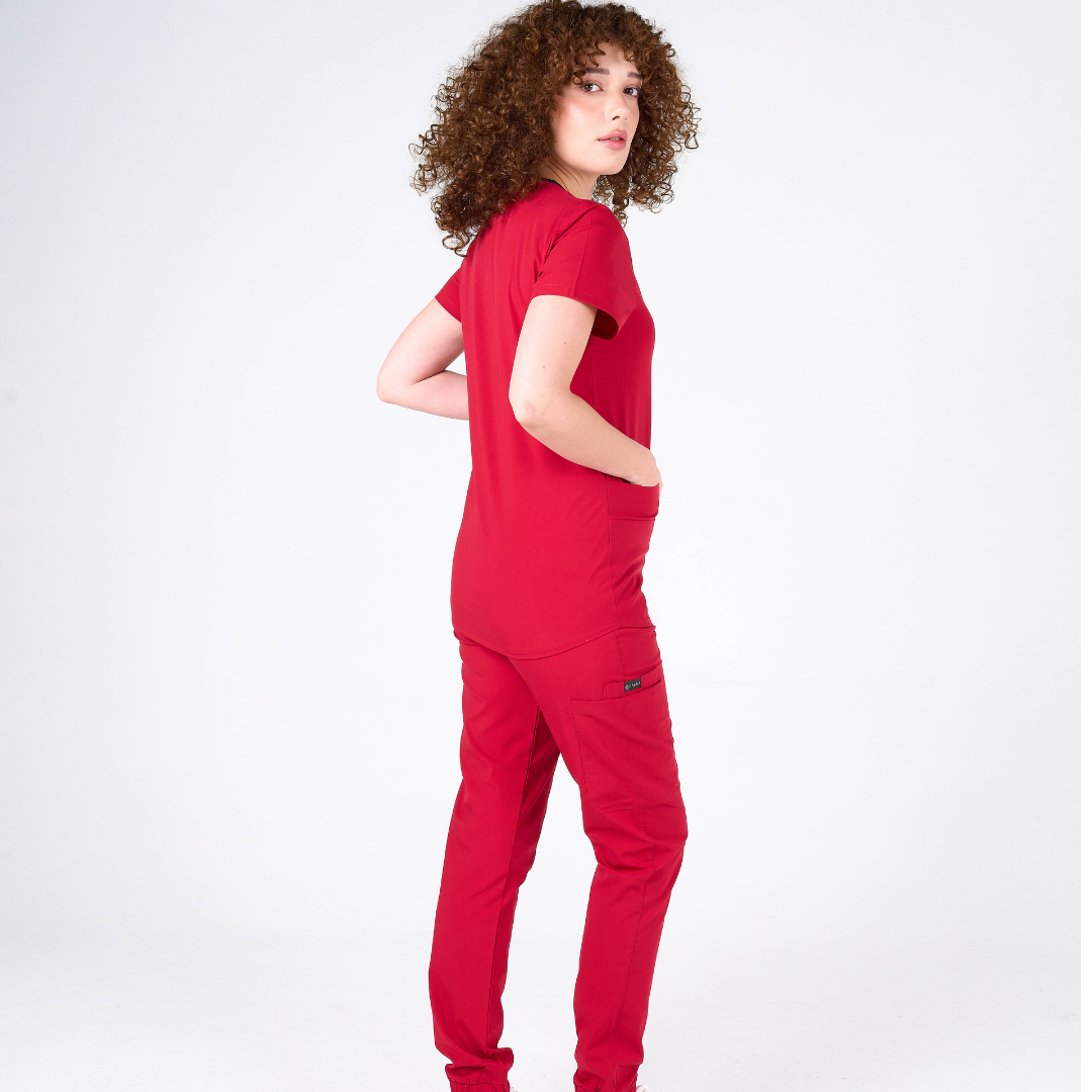 Label Kırmızı Doktor Hemşire Medikal Cerrahi Takım Üniforma Scrubs -Lüx Likralı