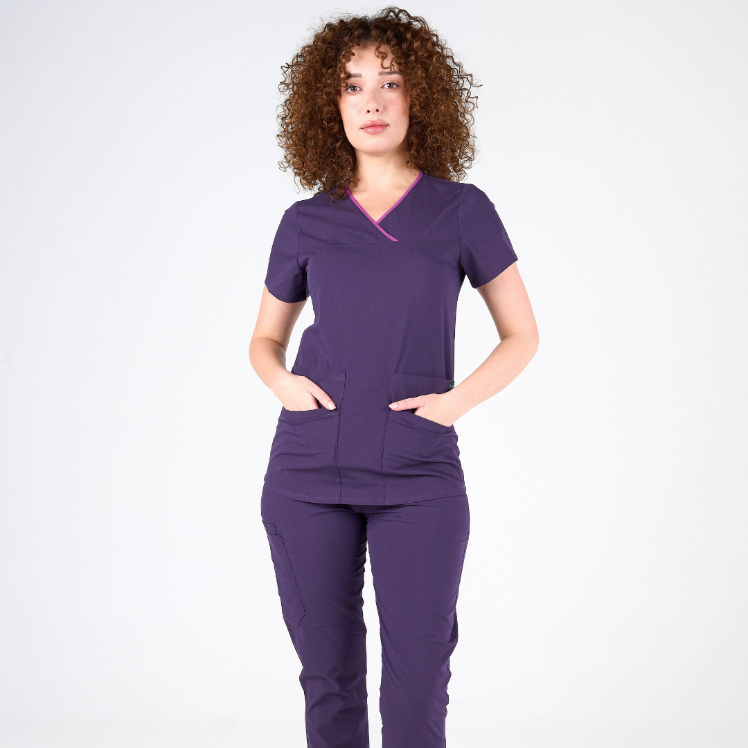 Label Mor Doktor Hemşire Medikal Cerrahi Takım Üniforma Scrubs -Lüx Likralı