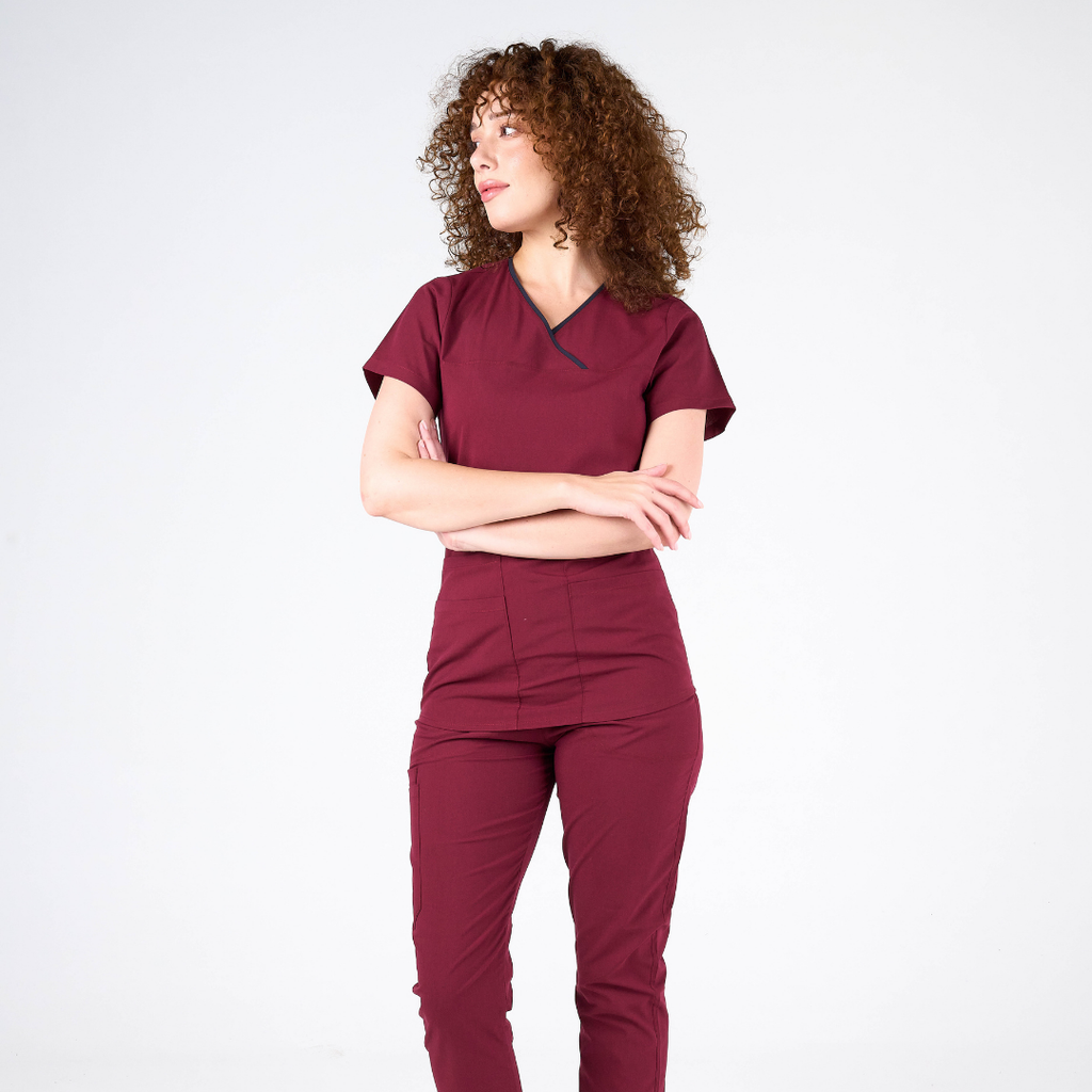 Cabrio Label Koyu Mor Doktor Hemşire Medikal Cerrahi Takım Üniforma Scrubs -Lüx Likralı