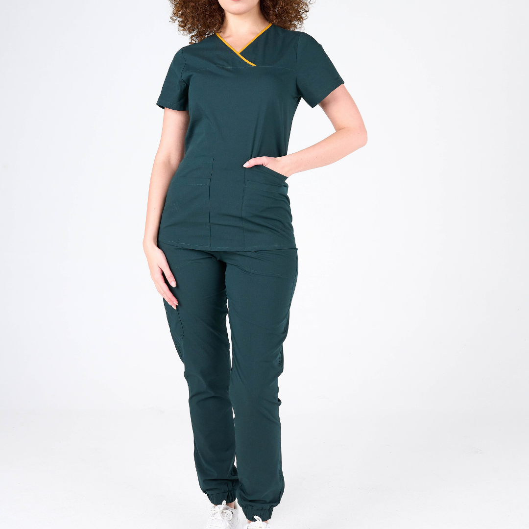 Label Koyu Yeşil Doktor Hemşire Medikal Cerrahi Takım Üniforma Scrubs -Lüx Likralı