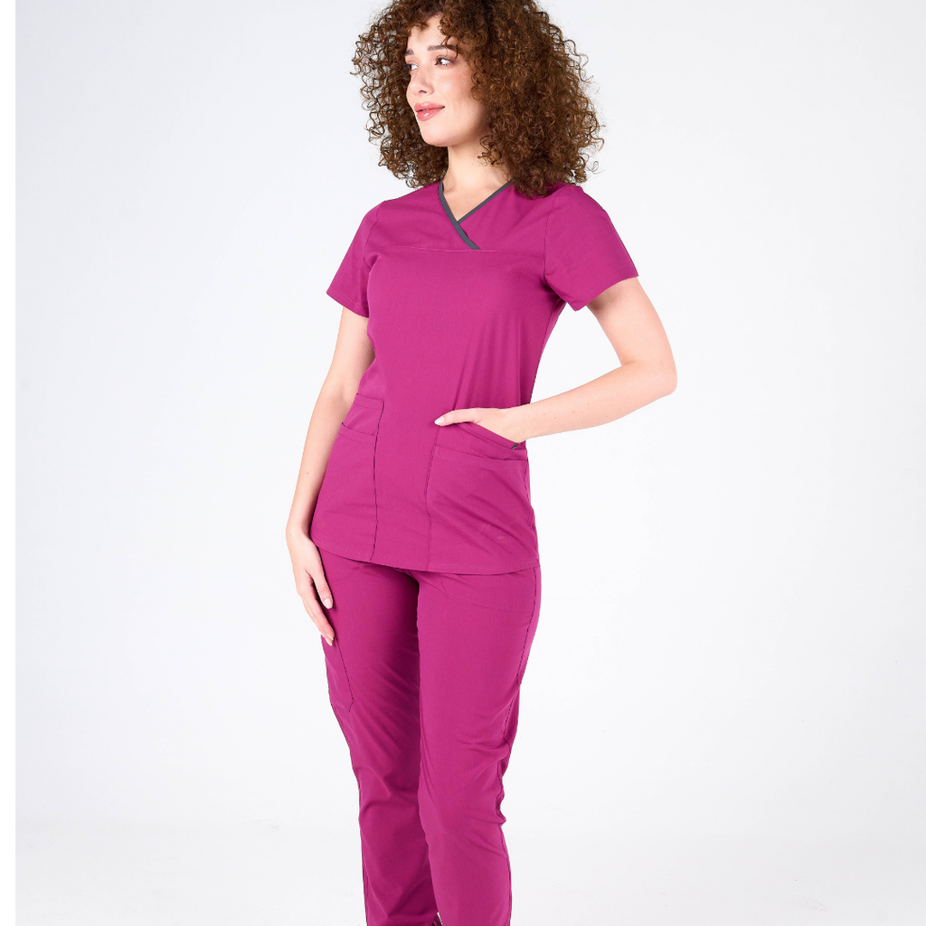 Label Vişne Doktor Hemşire Medikal Cerrahi Takım Üniforma Scrubs -Lüx Likralı