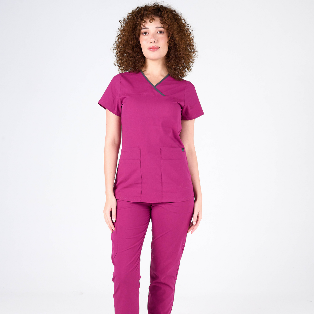 Label Vişne Doktor Hemşire Medikal Cerrahi Takım Üniforma Scrubs -Lüx Likralı